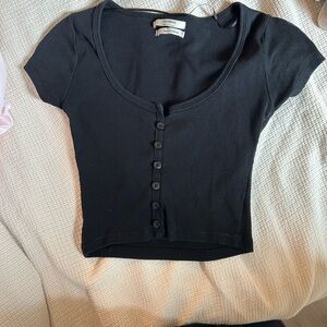 Pull & Bear Black Button-Up Ribbed Top